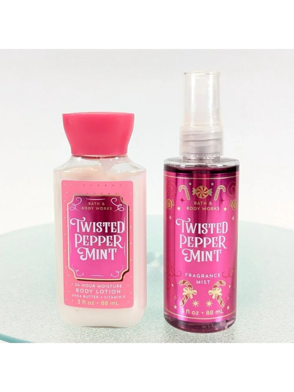 Bath & Body Works TWISTED PEPPERMINT Fragrance Mist & Lotion 3 oz Travel Set BBW